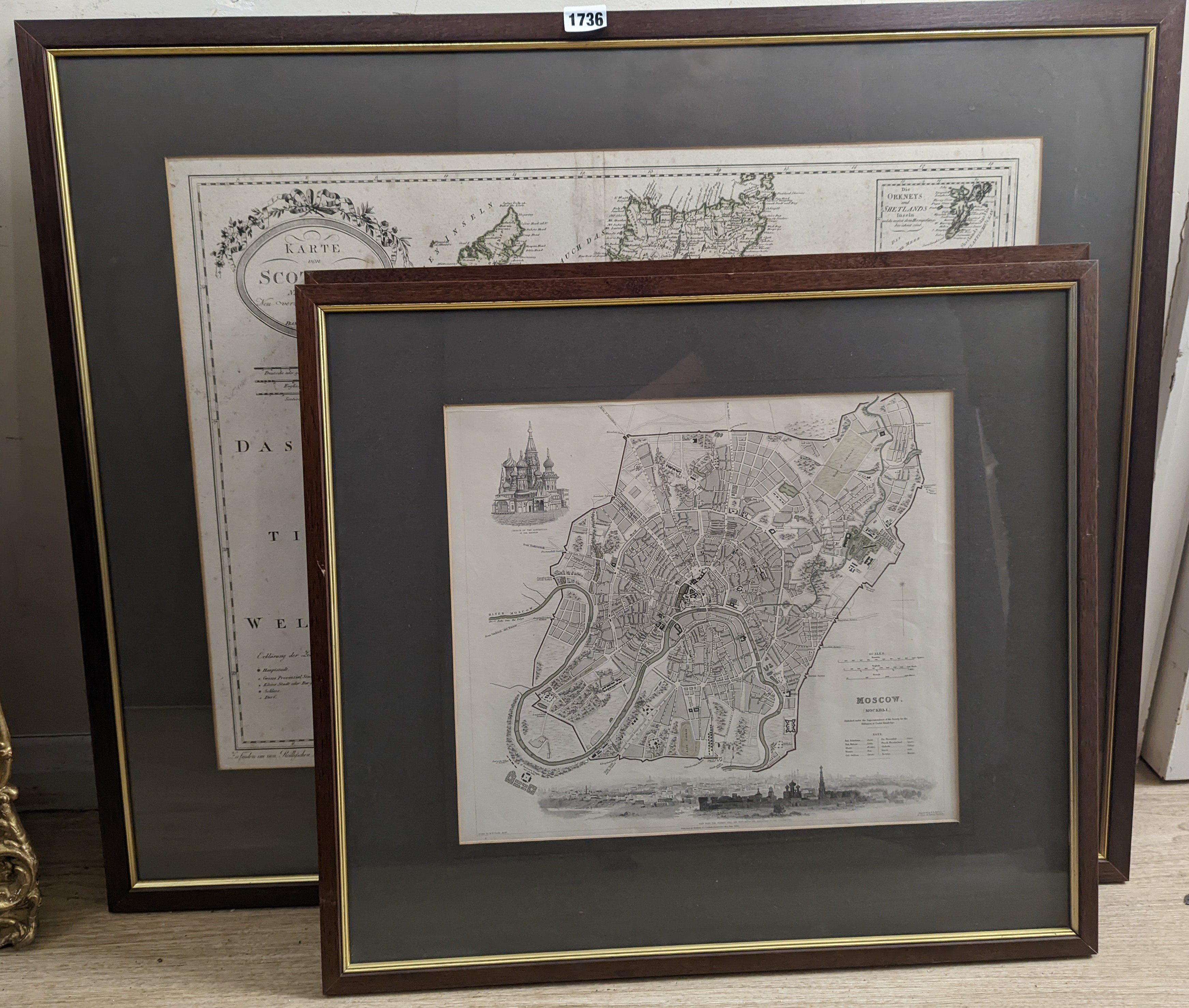 Franz Von Reilly, coloured engraving, German Map of Scotland, 1795, 46 x 63cm and two other later steel engraved maps of Moscow and St Petersburg, 32 x 39cm